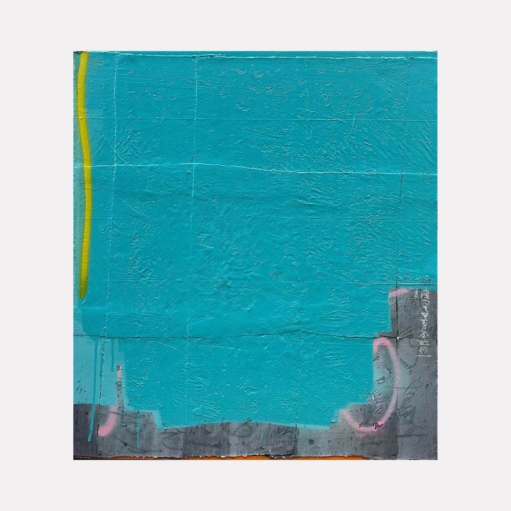 The artwork 'The brick wall' features a striking composition with a dominant turquoise blue field occupying the upper portion, contrasted by geometric gray forms at the bottom. A subtle yellow vertical line adds accent near the edge. The textured acrylic on canvas creates a weathered, urban aesthetic with rough, layered surfaces. By Olympio.