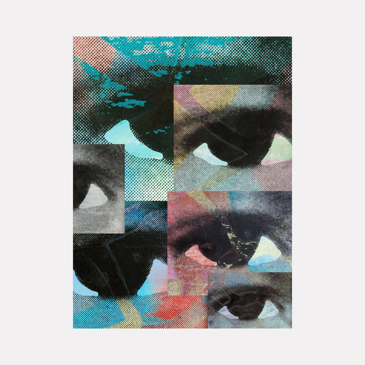 The artwork "These Eyes" by Francisco Donoso features a collage of fragmented eyes rendered in a layered, textured style reminiscent of Roy Lichtenstein’s pop art and the abstract cubism of Pablo Picasso. The piece uses halftone dots, muted blues, blacks, and soft pastels with overlapping geometric shapes to create a dynamic, visually intriguing composition.