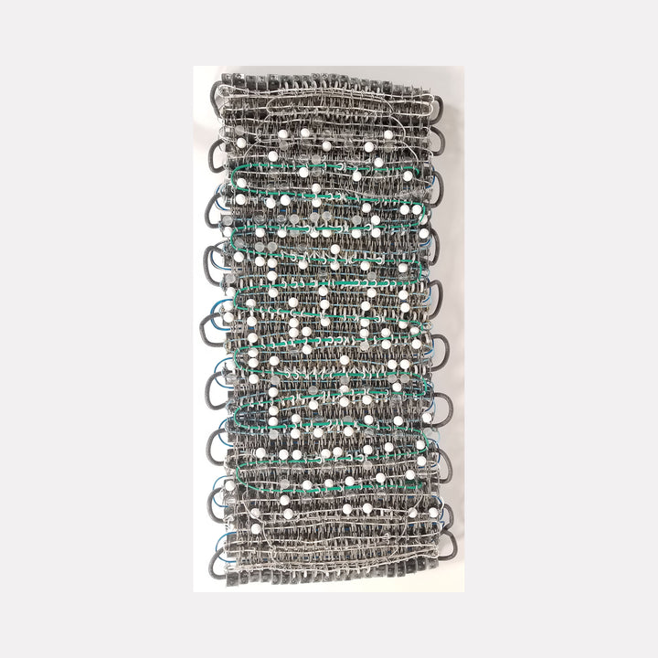 This Connection of Everything With Lungs (flat View) by Kate Rusek is a mixed-media wall sculpture featuring layered wire elements intertwined with white beads and blue thread, creating an intricate, textured composition that explores connectivity and organic form in contemporary art.