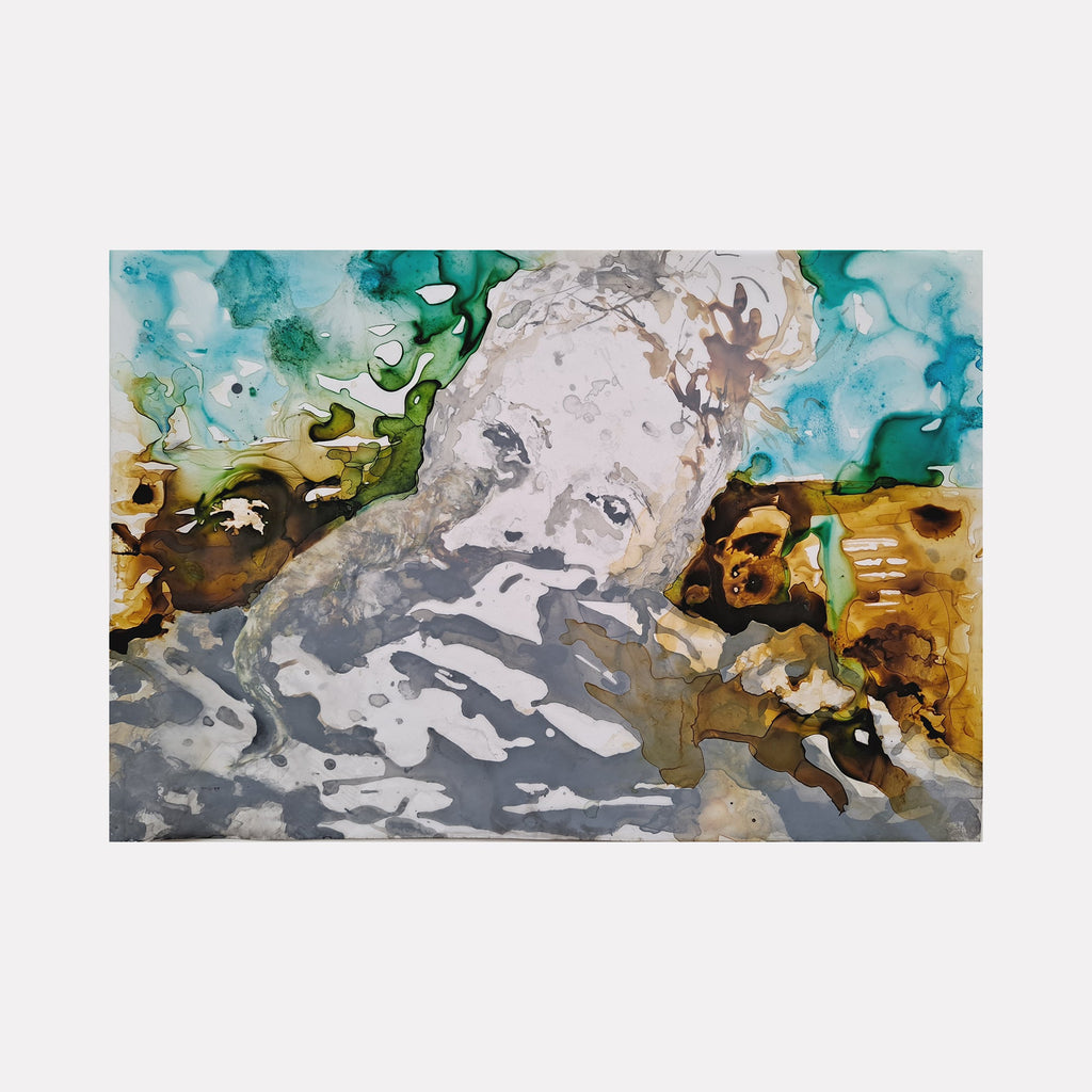 The artwork 'This wetland lizard greets the woman with a blink and a smile' by Johanna Ryan features abstract fluid forms in turquoise, brown, and gray. The mixed media painting combines acrylic and sumi ink, creating organic shapes that flow across frosted mylar, evoking a dreamlike wetland landscape with ethereal blending and translucent effects.