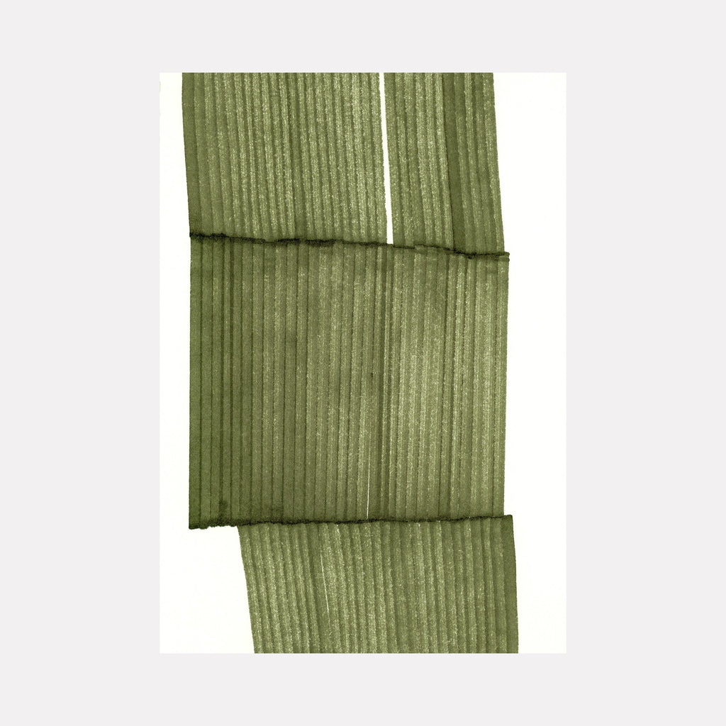 The artwork "Thread of Thought" by Alina Glotova features a minimalist composition of overlapping vertical green bands with fine linear textures on a white background. The subtle layering and muted palette evoke a quiet elegance reminiscent of Agnes Martin's serene grids and Ellsworth Kelly's color field simplicity.
