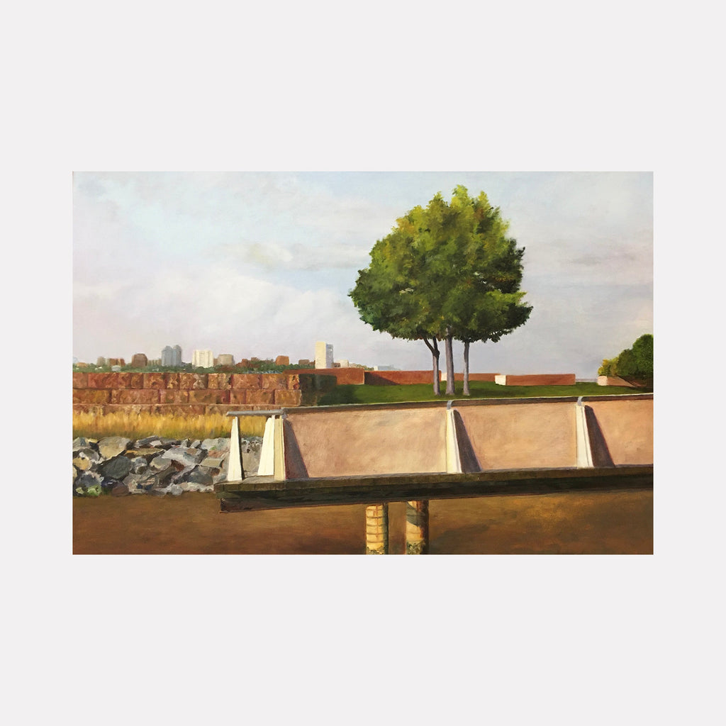 The artwork "Three Trees and a Pier, Riverside Park South NYC" by Jessica Ziegler depicts a serene riverside scene with three lush green trees standing near a wooden pier. The realistic style, soft light, and subtle textures evoke the calmness found in the works of Edward Hopper, blending urban elements with nature in a contemplative composition.