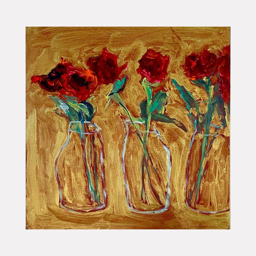The artwork "Three roses in milk bottles" by Owen Brown features three loosely rendered red roses placed in transparent milk bottles against a textured, warm ochre background. The painterly brushstrokes and vibrant reds evoke an impressionistic style reminiscent of Georgia O’Keeffe’s floral works and the fluid, expressive textures found in Emil Nolde’s flower paintings.
