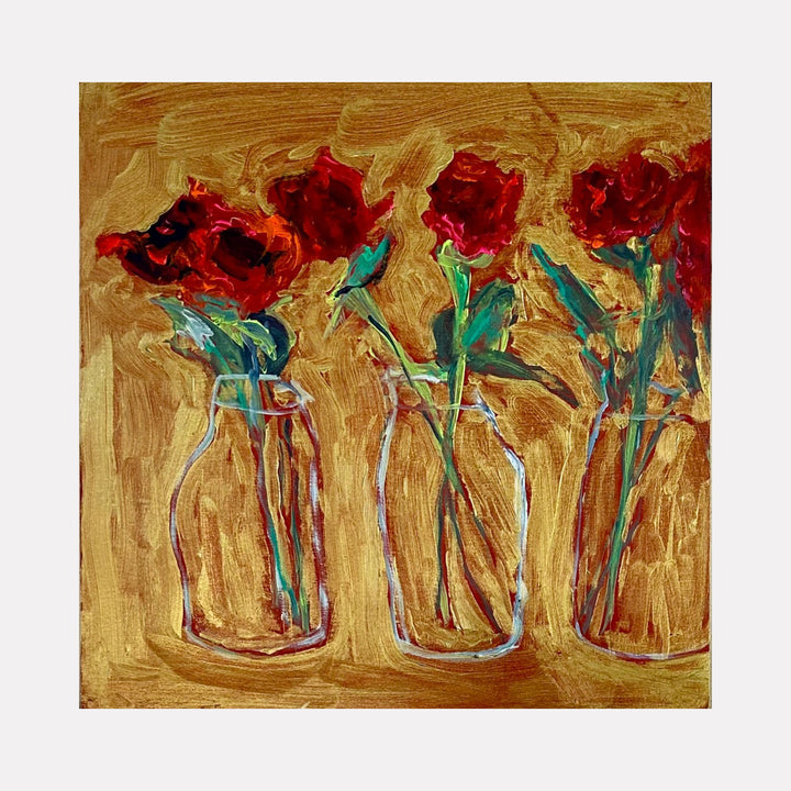 The artwork "Three roses in milk bottles" by Owen Brown features three loosely rendered red roses placed in transparent milk bottles against a textured, warm ochre background. The painterly brushstrokes and vibrant reds evoke an impressionistic style reminiscent of Georgia O’Keeffe’s floral works and the fluid, expressive textures found in Emil Nolde’s flower paintings.