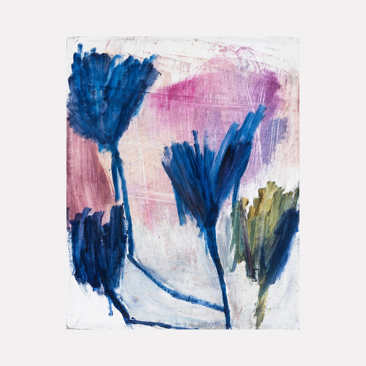 The artwork "three syllables" by Aliza Sternstein features abstract floral forms in bold blue and green brushstrokes against a textured background blending soft pink, purple, and white hues. The piece evokes the gestural abstraction style reminiscent of Joan Mitchell’s energetic, layered paintings.