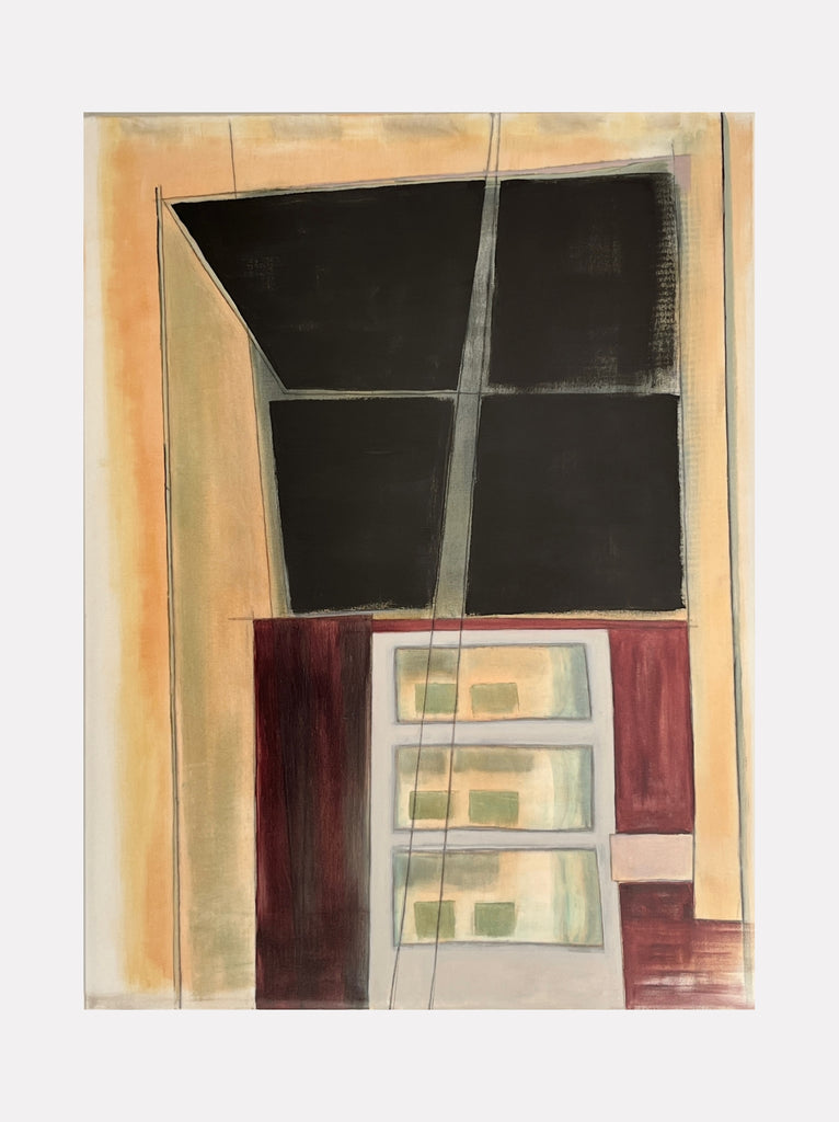 Thru-Line by Cora Jane Glasser features an abstract composition with bold black and deep burgundy shapes contrasted against soft beige and muted green tones, interwoven with fine linear details that create a layered, architectural feel in this modern art piece.