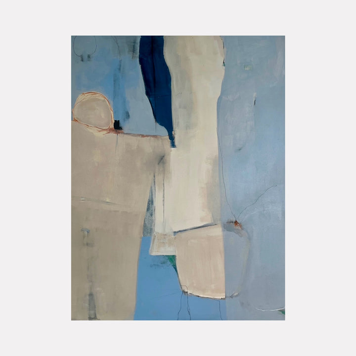 Tide Between Walls by Leslie Thornton features a serene abstract composition of layered, soft-toned shapes in muted beige and cream against a cool blue background, evoking a quiet interplay of light and form with subtle textures that suggest architectural elements in a contemplative, minimalist style.