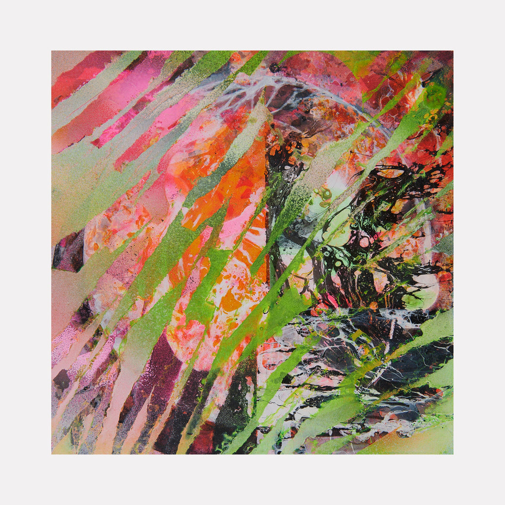 The artwork 'Tiger Waves' features dynamic diagonal brushstrokes in vibrant neon green, coral pink, and orange hues, creating an abstract tropical pattern. Bold spray paint techniques blend with delicate gouache details, producing a layered effect with expressive movement across the wooden surface. By Millie Benson.