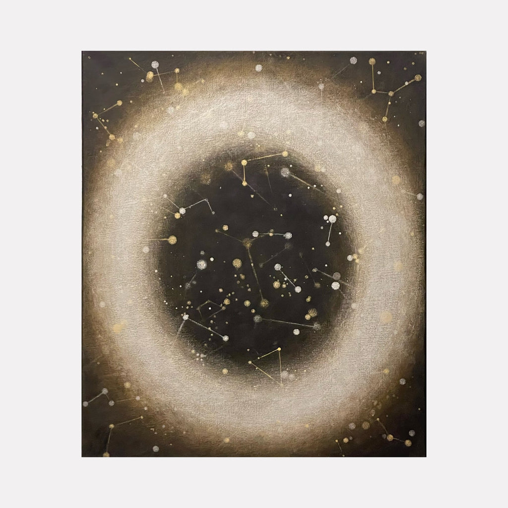 The artwork "Time-Space" features a luminous, textured circular form resembling a glowing nebula or cosmic ring against a dark background studded with delicate, gold and white constellation patterns. The piece blends abstract and celestial elements with soft gradients and intricate dot connections, evoking a sense of the universe’s vastness. By Sonomi Kobayashi.