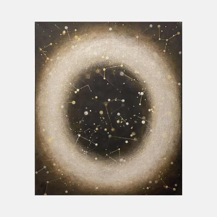 The artwork "Time-Space" features a luminous, textured circular form resembling a glowing nebula or cosmic ring against a dark background studded with delicate, gold and white constellation patterns. The piece blends abstract and celestial elements with soft gradients and intricate dot connections, evoking a sense of the universe’s vastness. By Sonomi Kobayashi.