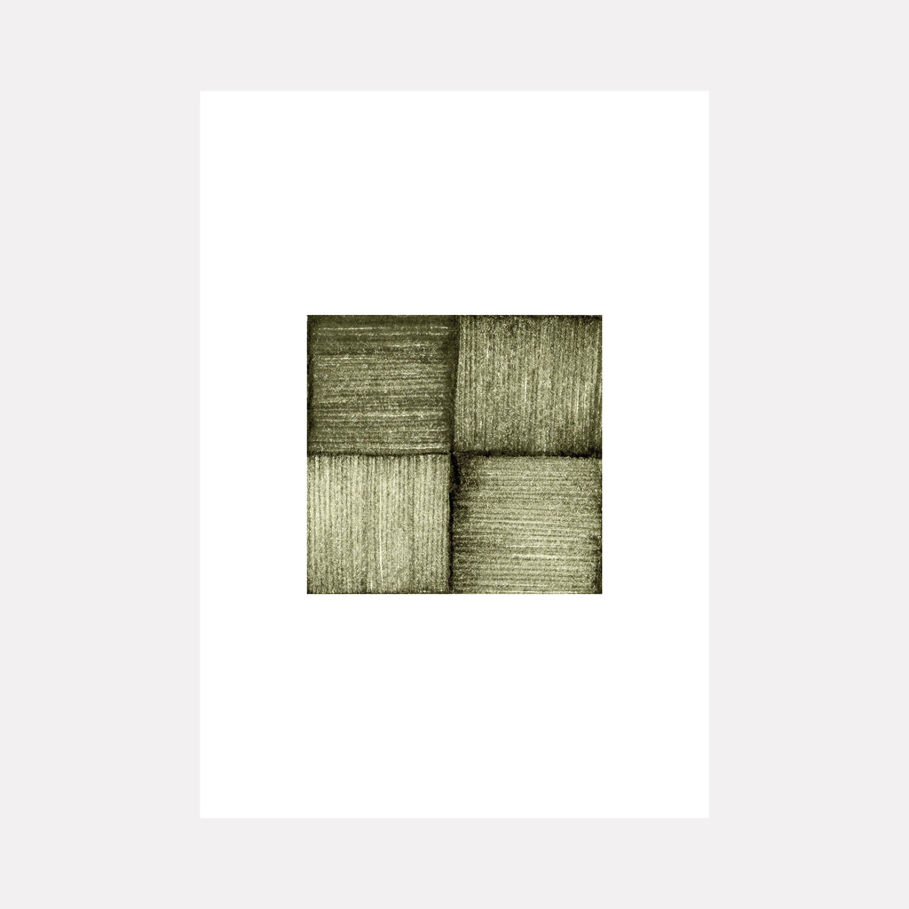 The artwork "Time Unmoving" by Alina Glotova features a minimalist abstract composition of four textured squares in muted green tones. The subtle linear patterns and earthy hues evoke a meditative stillness, reminiscent of Agnes Martin’s grid-based abstractions and the contemplative simplicity found in the works of Josef Albers.