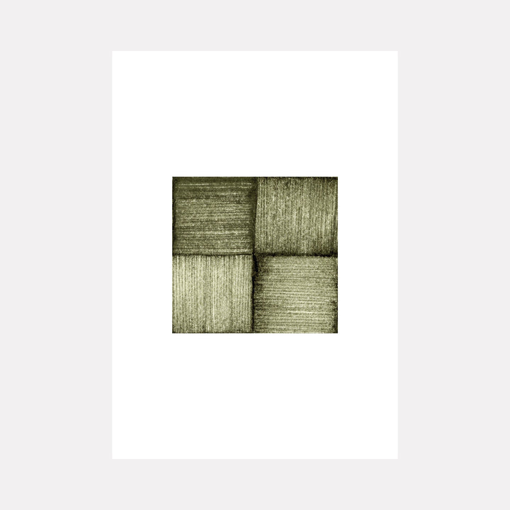 The artwork "Time Unmoving" by Alina Glotova features a minimalist abstract composition of four textured squares in muted green tones. The subtle linear patterns and earthy hues evoke a meditative stillness, reminiscent of Agnes Martin’s grid-based abstractions and the contemplative simplicity found in the works of Josef Albers.