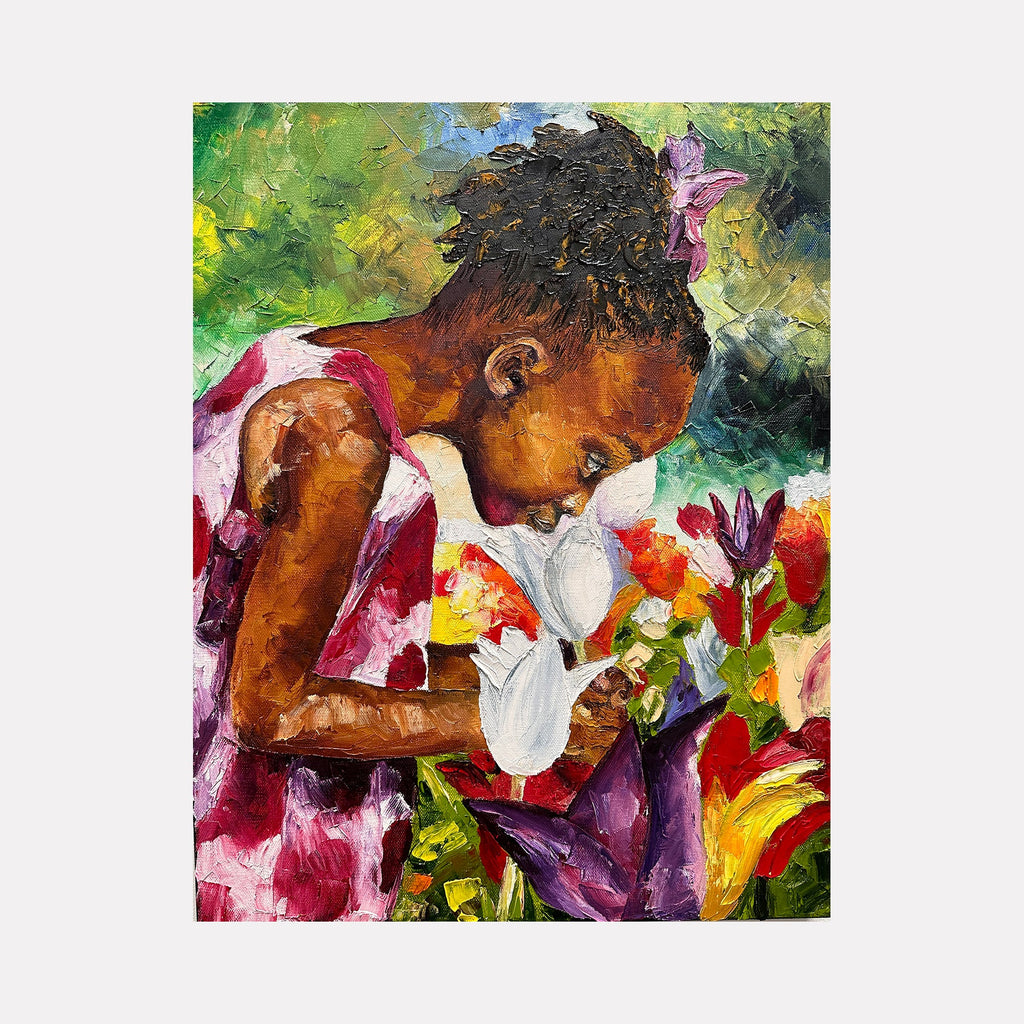 The artwork "Tiptoe through the tulips" features a young girl with textured dark hair adorned with a pink flower, leaning forward to smell vibrant tulips in white, purple, red, and yellow hues. The oil painting showcases rich brushstrokes and a lively mix of green and blue backgrounds, capturing a tender moment. By Lauren Luna.