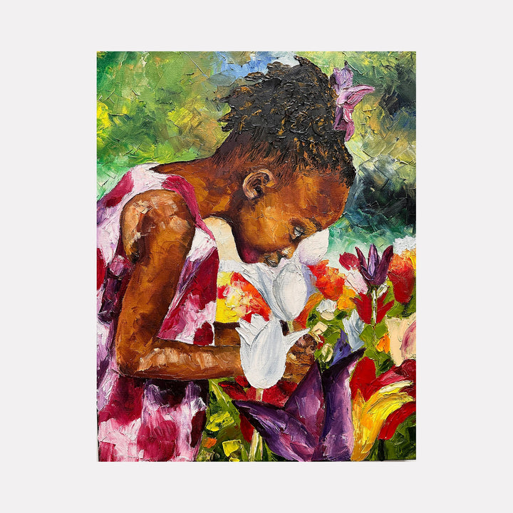The artwork "Tiptoe through the tulips" features a young girl with textured dark hair adorned with a pink flower, leaning forward to smell vibrant tulips in white, purple, red, and yellow hues. The oil painting showcases rich brushstrokes and a lively mix of green and blue backgrounds, capturing a tender moment. By Lauren Luna.