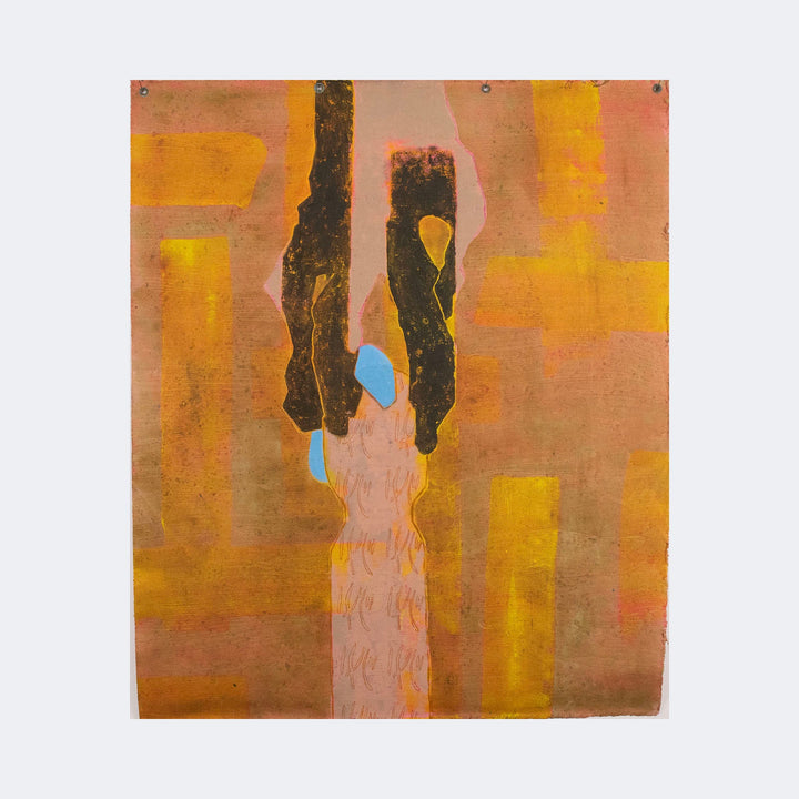 The artwork "To Be Held" by Patrick Bower features an abstract composition with vertical, textured forms in warm tones of ochre, burnt sienna, and yellow. Organic shapes suggesting hands or figures are rendered with contrasting dark brown and soft blue accents, evoking a subtle expressionist style reminiscent of works by Philip Guston or early Marc Rothko.