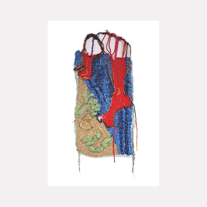 The artwork 'Toe Tow' by Johanna Ryan features a textural woven composition combining bright red, royal blue, and earthy tan elements. Created through intricate weaving of plastic bags, twine, yarn, and tissue paper, the piece presents abstract flowing forms with vertical striations and organic patterns. The mixed media artwork stands 20 inches tall, displaying a dynamic interplay of materials and colors.
