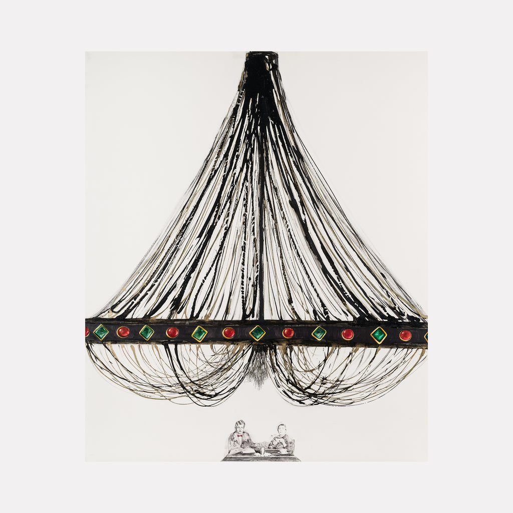 The artwork "Together" by Sandra Mack-Valencia features a large, elegantly draped black chandelier with detailed strands cascading downward, accented by colorful geometric elements in red and green along a horizontal band. Below the chandelier, two small figures are seated, rendered in fine lines. This acrylic and transfer on wood panel piece evokes the intricate line work and minimalism reminiscent of Egon Schiele and Gustav Klimt.