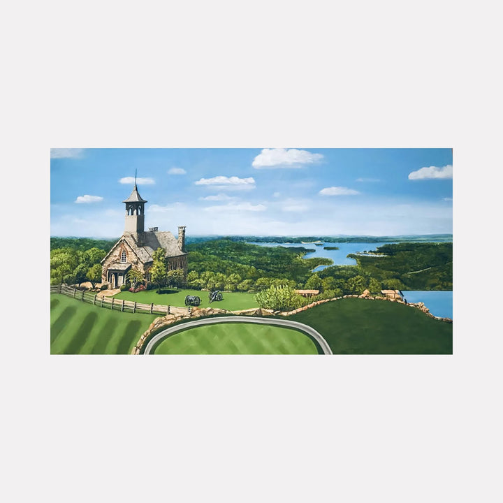Top of the Rock: Scenic chapel overlooking Ozark lakes and rolling green hills, vibrant acrylic landscape painting by Lynnette Horn