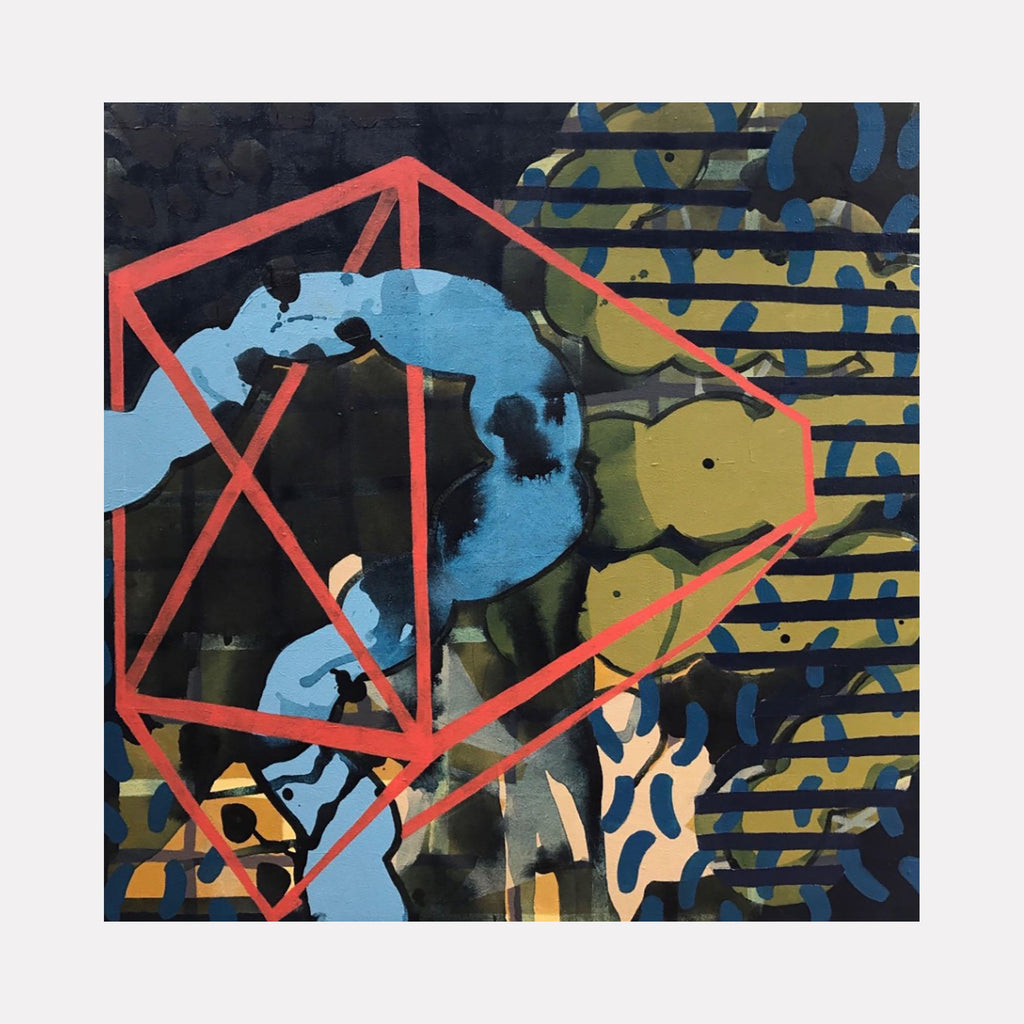 The artwork "Topsy Turvy" features an abstract composition with a prominent red geometric wireframe shape resembling a distorted cube, layered over organic blue and black forms. The background includes green and yellow striped and spotted patterns, creating a dynamic contrast of textures and colors. The piece blends street art and modern abstract styles by Tyler Sorgman.