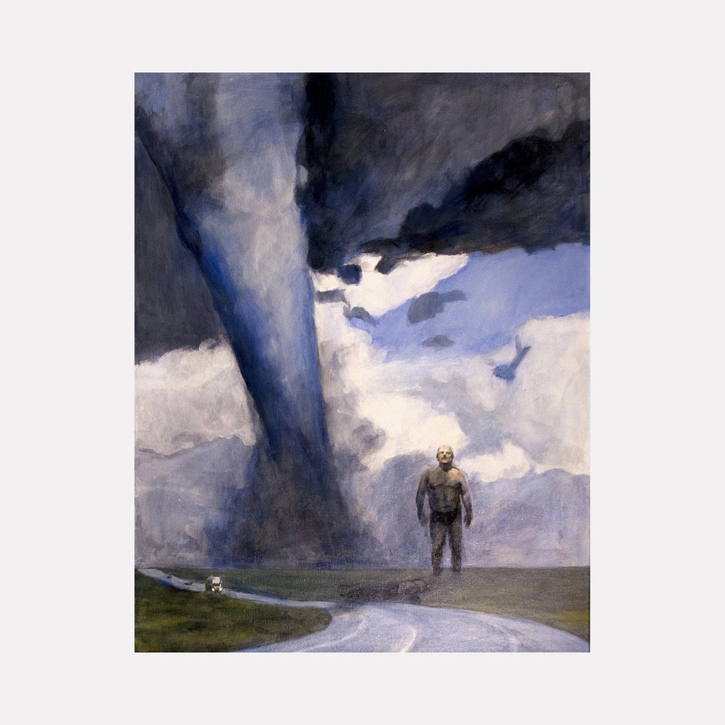 The artwork "Tornado Giant" by Chris Baily features a towering human figure standing near a swirling, dark blue and gray tornado under a moody sky with textured clouds. The dramatic use of scale and atmospheric effects evoke a surreal tension reminiscent of works by Caspar David Friedrich and Andrew Wyeth, blending realism with symbolic storytelling.