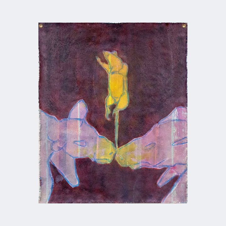 The artwork "Touching Me Touching You" by Patrick Bower features two abstract animal heads facing each other with a yellow flower suspended between their noses. Painted in a painterly style with soft pastel colors, including purples, blues, and yellows, the textured background evokes a dreamy, surreal quality reminiscent of Marc Chagall’s poetic use of color and form.