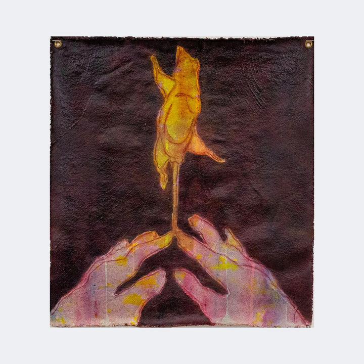 The artwork "Touching You Touching Me" by Patrick Bower features two hands reaching towards a central flame-like shape that appears to float above the fingertips. The piece uses warm golden and pinkish tones against a textured deep brown background, evoking a sense of connection and warmth reminiscent of the expressive, textured style of Egon Schiele.