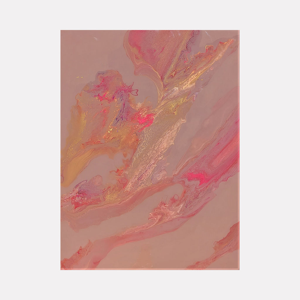 Toward by Swann Freslon features a soft, flowing abstract design with warm hues of pink, rose, and peach accented by shimmering gold highlights. The gentle, swirling textures create a sense of graceful movement and warmth, evoking an intimate and radiant ambiance in a refined contemporary style.