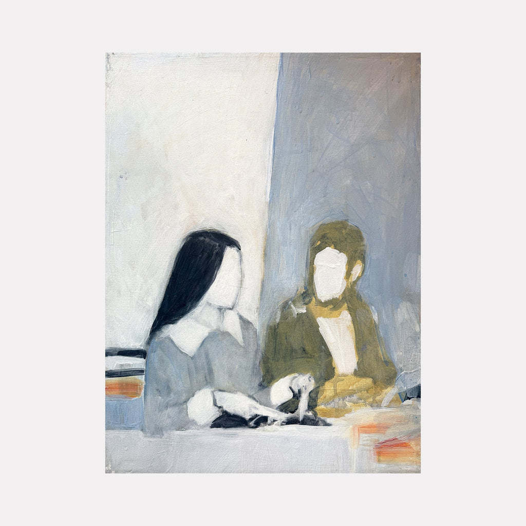 The artwork "Train" by Chris Baily features a minimalist, abstract depiction of two faceless figures seated side by side. Rendered in muted tones of gray, black, and muted olive with textured brushstrokes, the composition evokes a quiet, contemplative atmosphere reminiscent of Edward Hopper’s solitary scenes and the subdued palette of Giorgio Morandi.