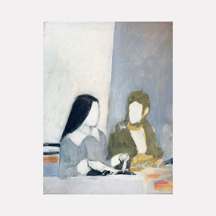 The artwork "Train" by Chris Baily features a minimalist, abstract depiction of two faceless figures seated side by side. Rendered in muted tones of gray, black, and muted olive with textured brushstrokes, the composition evokes a quiet, contemplative atmosphere reminiscent of Edward Hopper’s solitary scenes and the subdued palette of Giorgio Morandi.