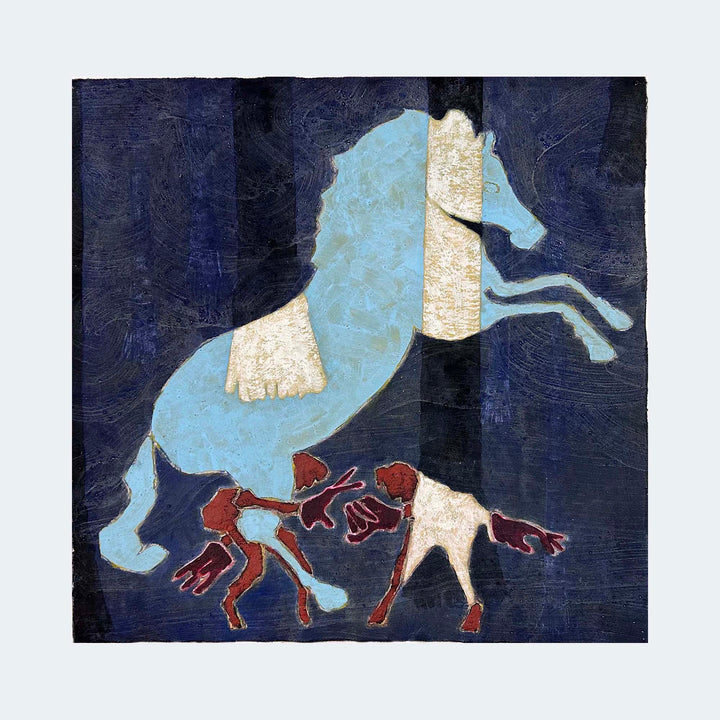 The artwork "Trampled" by Patrick Bower features a textured, abstract composition with a pale blue horse rearing against a deep navy and black patchwork background. Two stylized, earthy-toned human figures appear beneath the horse’s legs, rendered in a primitive, almost tribal style reminiscent of Jean-Michel Basquiat and Paul Klee’s symbolic abstraction.
