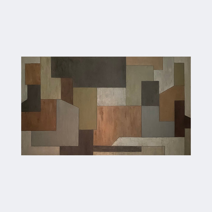 The artwork "Tranquility" by Stephen Cimini features a composition of overlapping rectangular shapes in muted earth tones such as browns, grays, and greens. The piece exhibits a textured, layered appearance reminiscent of mid-century modern abstraction and echoes the style of artists like Paul Klee and Kazimir Malevich with its geometric simplicity and subtle color variations.