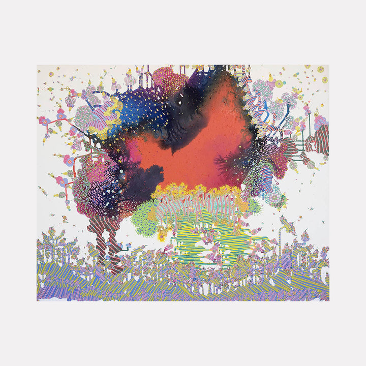 The artwork "Transformation" by Avani Patel features an intricate abstract composition with a dominant vibrant red and deep black central shape surrounded by delicate, detailed patterns in pastel purples, greens, and yellows. The textured layers and organic forms evoke the dynamic abstraction of Joan Miró and the playful complexity of Yayoi Kusama’s dotted motifs.