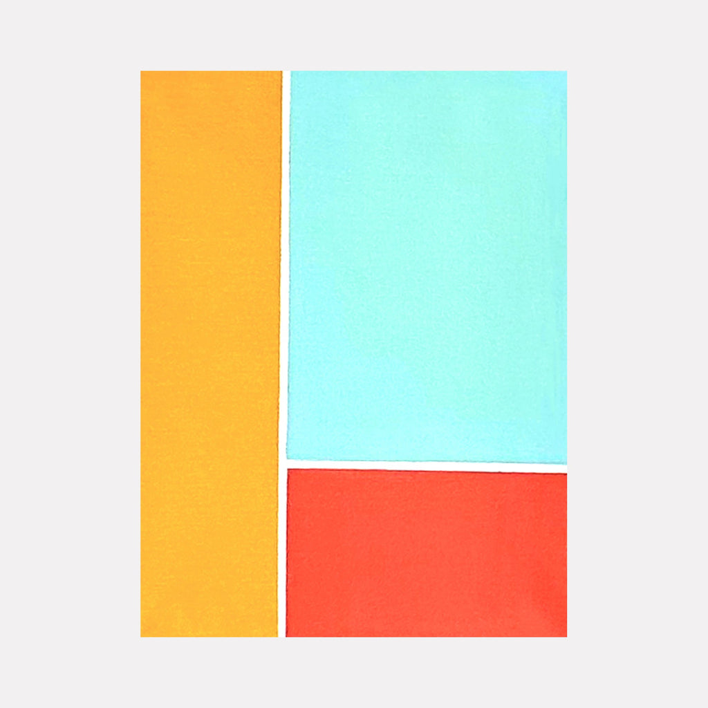 Love Triptych II by Shyun Song: Abstract geometric composition featuring bold blocks of yellow, turquoise, and coral red in minimalist style