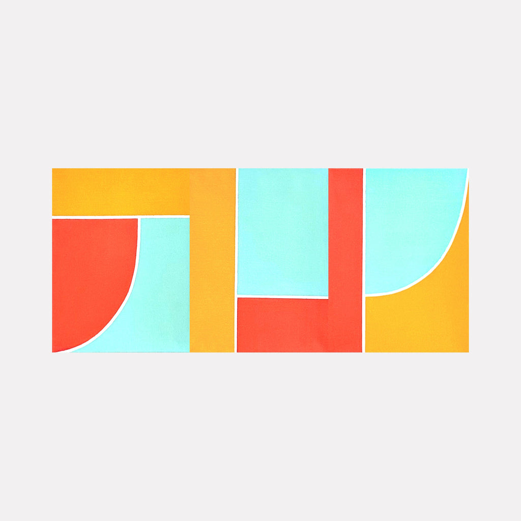 Triptych Joy-Love-Peace: Abstract geometric oil painting featuring curved shapes in coral red, mint green, and golden yellow by Shyun Song