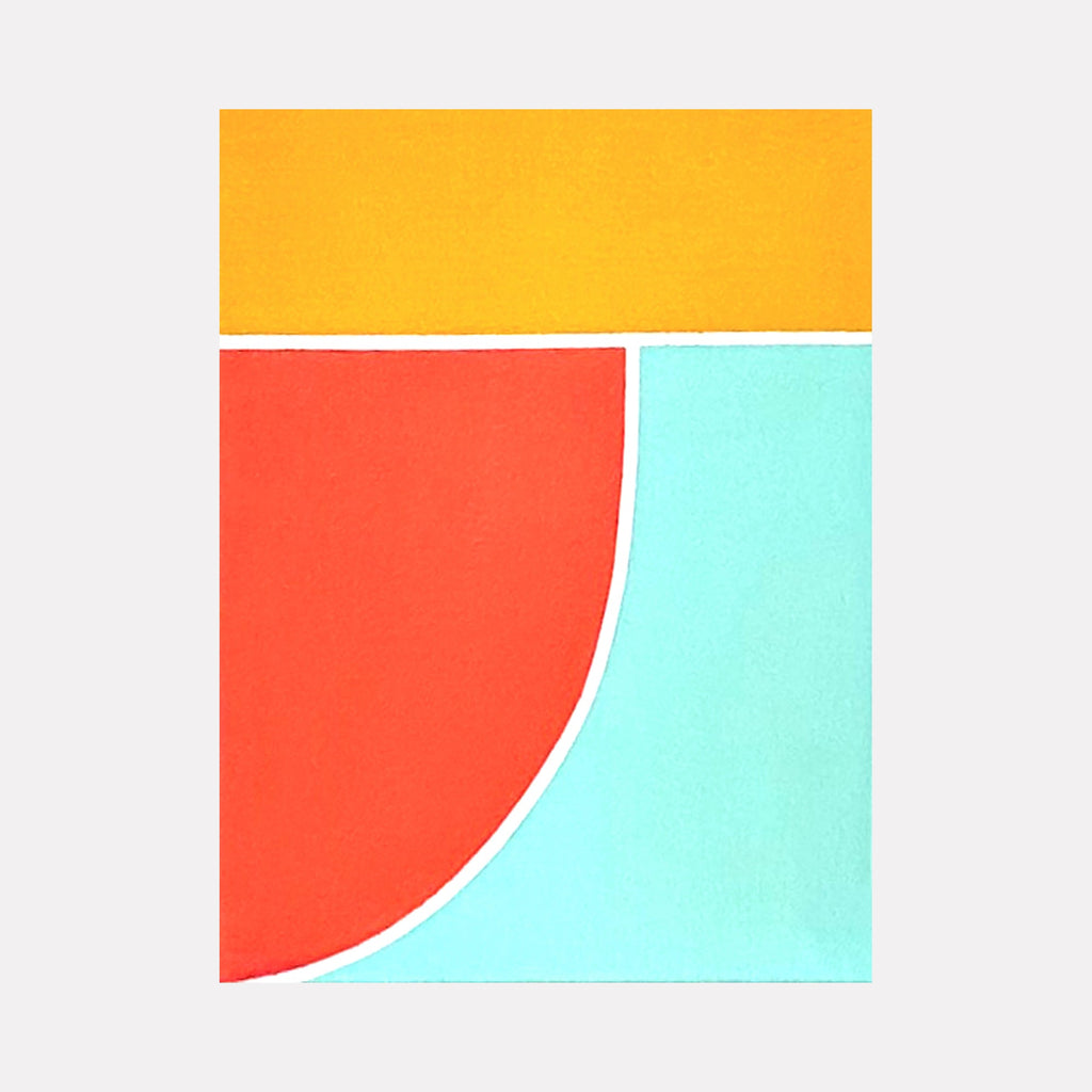 Joy (Triptych I) by Shyun Song: Abstract oil painting featuring geometric shapes in vibrant orange, coral red, and mint green on white background