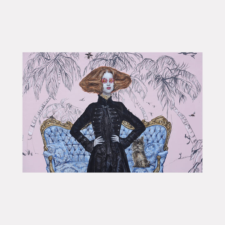 The artwork "Tropical Feeling" features a woman with voluminous red hair and floral eye makeup, standing confidently in a detailed black dress in front of an ornate blue and gold vintage sofa. The background is a soft pink with delicate, sketched palm trees and flying birds, blending classic elegance with tropical motifs. By Carlos Gamez de Francisco.