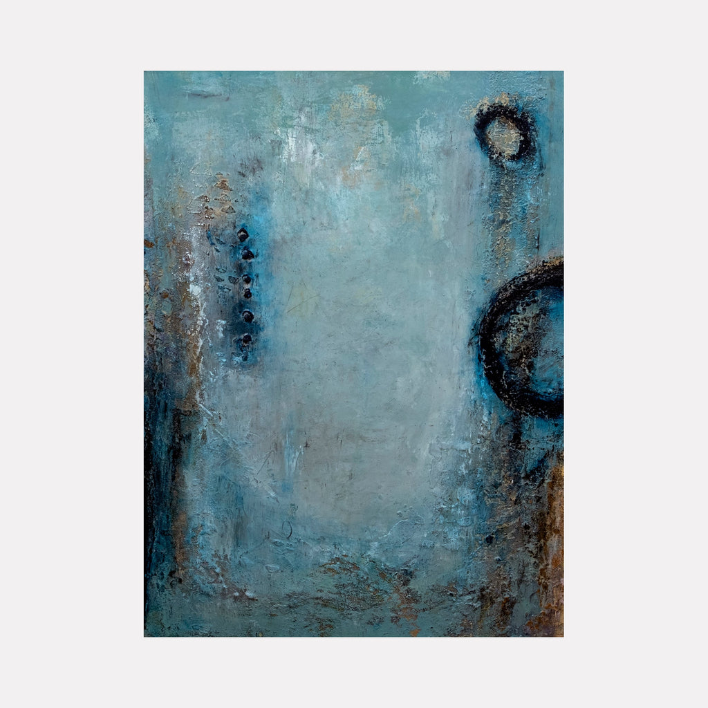 The artwork "Trusting" by Deborah Chaney features a textured abstract composition dominated by cool blue and teal tones with hints of rusty brown and black. Circular shapes reminiscent of Joan Miró's biomorphic forms and subtle layered brushstrokes evoke a mysterious atmospheric depth, blending organic and geometric elements in a contemporary style.