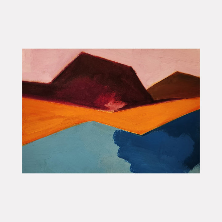 The artwork 'Tunnel' by Joanie Flickinger features bold geometric shapes in contrasting colors. Deep burgundy angular forms suggest mountainous structures against a salmon-pink sky, while vibrant orange and teal-blue planes create a dynamic abstract landscape. Painted in acrylic gouache with distinct color blocking and clean edges.