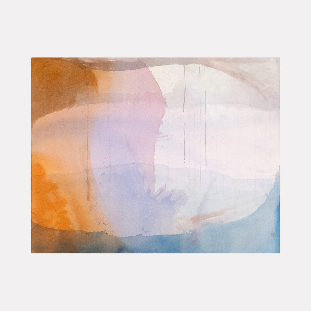 The artwork 'Tunnel Vision' features ethereal washes of color blending seamlessly from warm burnt orange to soft lavender and cool blue tones. Abstract curved forms create a dreamlike tunnel effect, with translucent layers of acrylic paint creating depth and movement across the canvas by Kristin Gaudio Endsley.