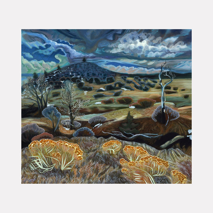 The artwork "Turkey Crossing" by Gina Blickenstaff in gallery position 1 portrays a dramatic Colorado landscape under a swirling, stormy sky. Earthy browns and muted blues define textured vegetation and skeletal trees, with warm ochre wildflowers in the foreground. The style evokes the emotional brushwork of Vincent van Gogh and the moody atmospheres of Andrew Wyeth.