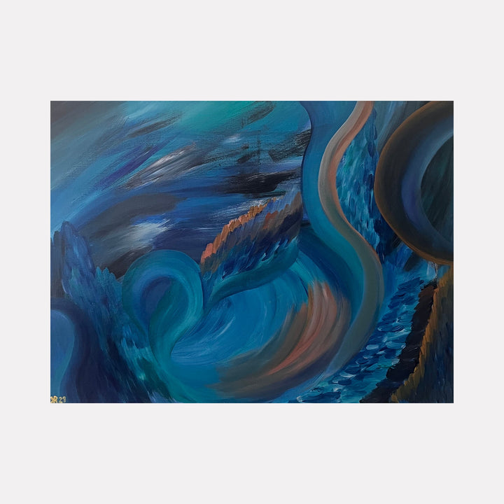 The artwork "Turquoise Dreams" features flowing abstract shapes in varying shades of turquoise, deep blues, and subtle hints of peach and brown, with dynamic brushstrokes creating a textured, wave-like movement. This acrylic piece measures 19 by 25 inches, by Kim Rosebud.