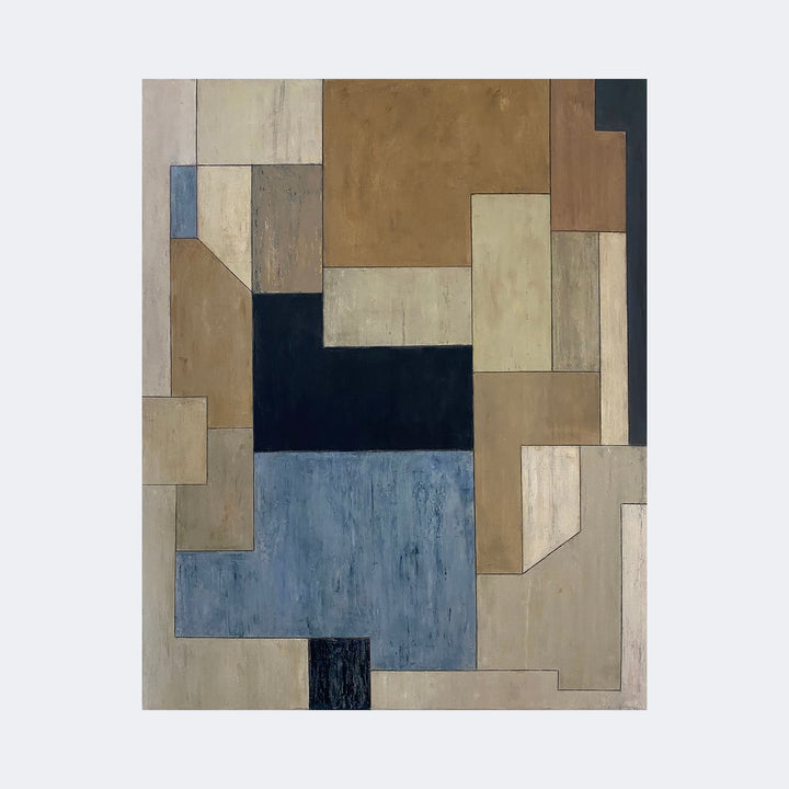 The artwork "Tuxedo" by Stephen Cimini features an abstract composition of geometric shapes in muted earth tones, including shades of beige, brown, black, and blue. The textured rectangular and square forms evoke the style of Piet Mondrian and Paul Klee, blending modernist minimalism with subtle color variation and layered surfaces.