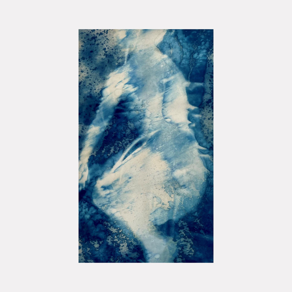 The artwork Twist by Cat Welch presents an abstract, ethereal figure rendered in swirling shades of deep blue and soft white, reminiscent of indigo dye techniques. The textured, fluid forms evoke the style of Yves Klein’s monochrome explorations and the organic patterns found in Helen Frankenthaler’s color field paintings, creating a dynamic, contemplative visual experience.