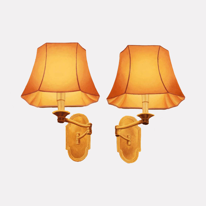 The artwork "Wall Lamps" by Carl Chaiet in gallery position 1 features a pair of elegantly crafted wall sconces with soft amber fabric shades and ornate golden brass fixtures. Their warm glow and classic curved arms evoke the refined elegance of Edward Hopper’s luminous interiors and the timeless appeal seen in John Singer Sargent’s portraiture lighting.