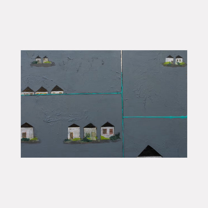 The artwork 'UNDERWATER' by Dobee Snowber depicts small white houses with black roofs scattered across a textured slate gray background, divided by bright turquoise lines. The mixed media composition creates a minimalist landscape with tiny buildings nestled in subtle greenery, suggesting a submerged or twilight neighborhood scene on canvas.