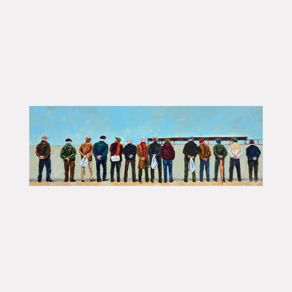 The artwork "Umarell" by Jo Carol Mitchell-Rogers depicts a row of twelve men standing with their backs to the viewer, overlooking a construction site under a bright blue sky. The figures are rendered in a realistic yet slightly impressionistic style, with textured brushstrokes and earthy tones reminiscent of Edward Hopper’s urban scenes and the narrative quality of Norman Rockwell’s work. The composition captures everyday life with a contemplati