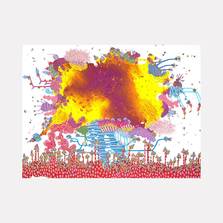 The artwork "Umbilical" by Avani Patel features an intricate composition of vibrant organic shapes and mechanical forms in bold reds, blues, yellows, and purples. The detailed textures and interwoven elements evoke a sense of growth and connection, reminiscent of visionary surrealists like Joan Miró and biomorphic abstraction from artists such as Jean Arp.