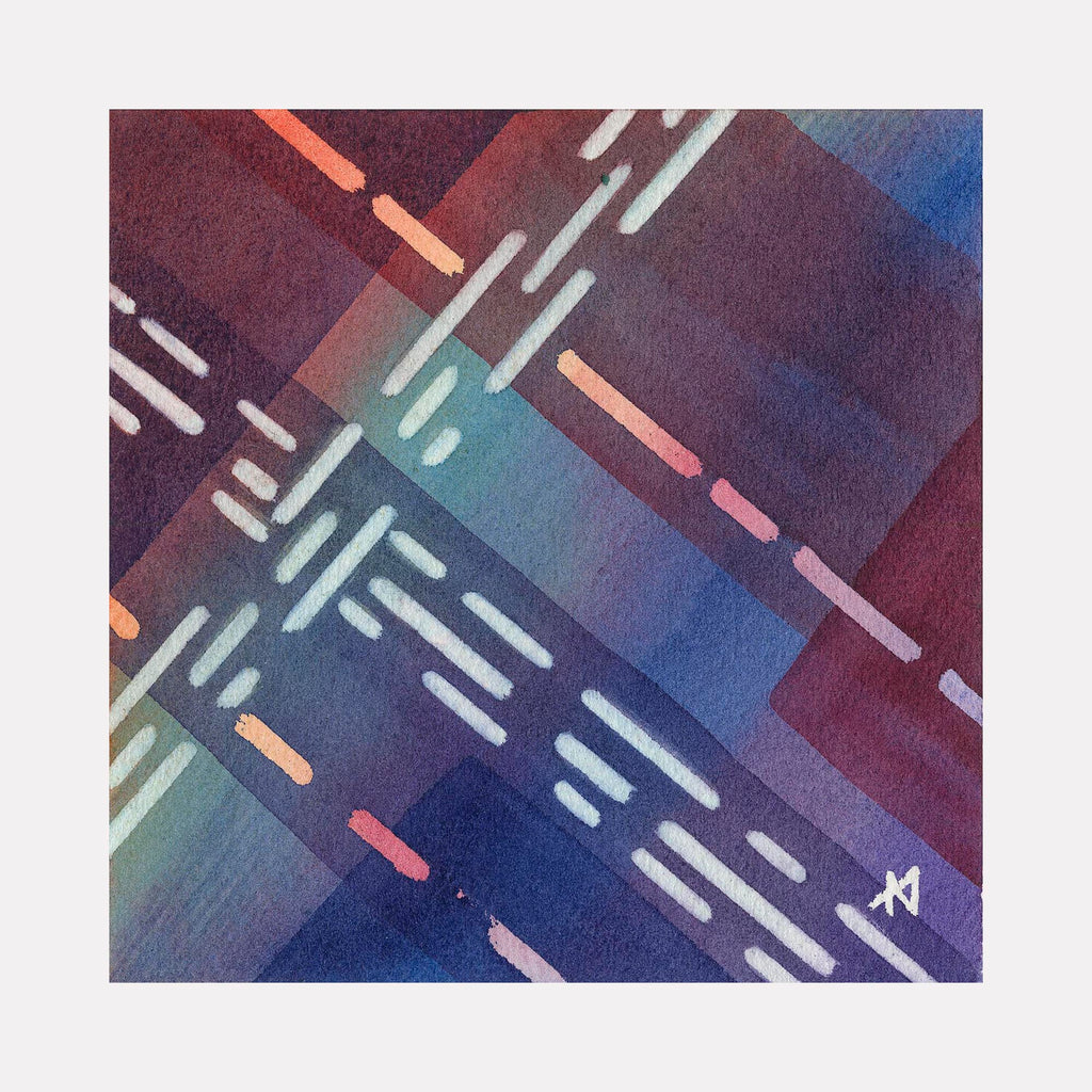 The artwork 'Underpass' by Arthur Norcome features abstract geometric patterns with dashed white and coral lines intersecting diagonally across a gradient background of deep purple, burgundy, and teal blue. The watercolor medium creates a subtle blend of colors, while the linear elements suggest urban movement and architectural rhythm in a 5x5 inch composition.