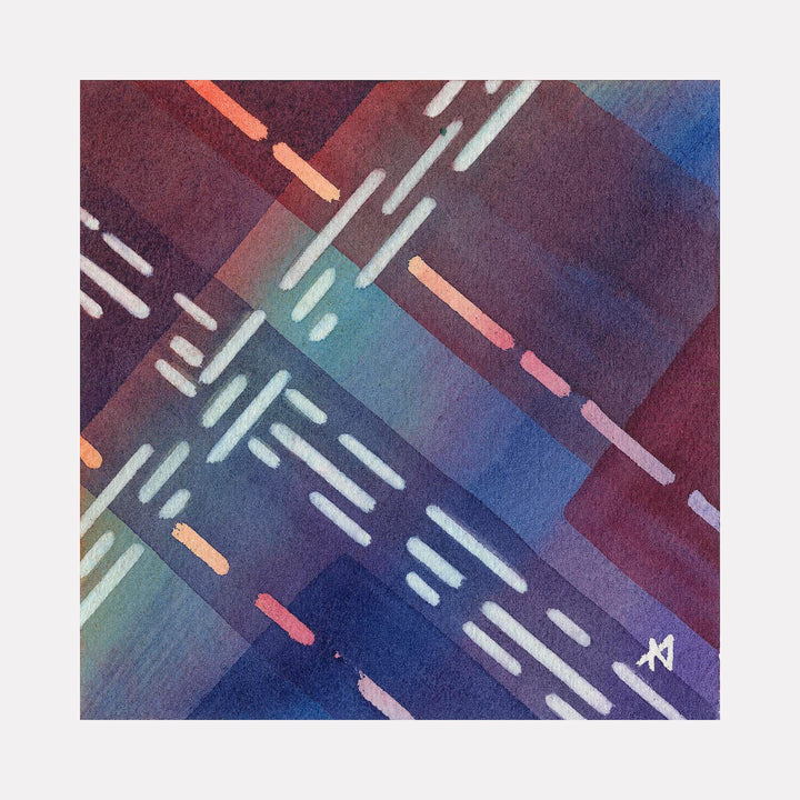 The artwork 'Underpass' by Arthur Norcome features abstract geometric patterns with dashed white and coral lines intersecting diagonally across a gradient background of deep purple, burgundy, and teal blue. The watercolor medium creates a subtle blend of colors, while the linear elements suggest urban movement and architectural rhythm in a 5x5 inch composition.