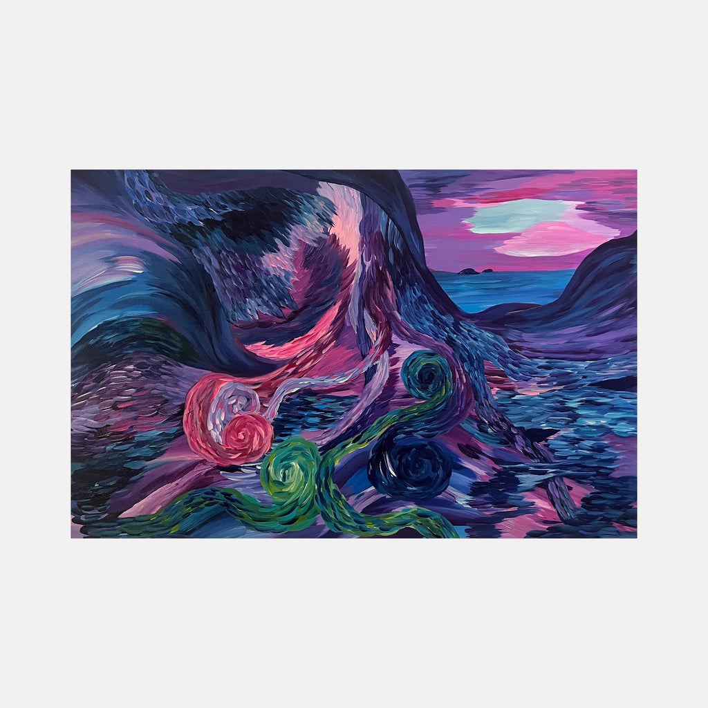 The artwork "Unknown World" features an abstract night landscape with swirling, organic shapes resembling tentacles or vines in vibrant pink, green, and blue hues. The textured brushstrokes create depth in a mysterious terrain under a moody sky with pink and purple clouds. Painted in an expressive, surreal style by Kim Rosebud.